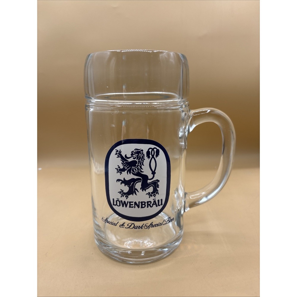 Vintage Large Lowenbrau Beer 1L Glass Mug With Printed Logo 8"
